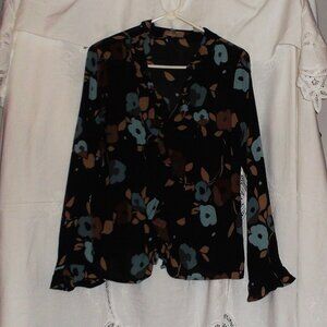 Womens l.e. Black, Brown & Blue Silk Floral Sheer Ruffled Blouse - Size L